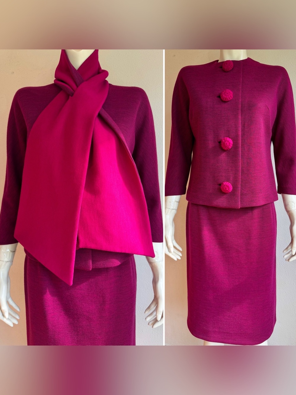 Vintage 1950s 1960s MAGENTA PINK Wool Knit Suit Skirt Set Promenade Scarf Ascot